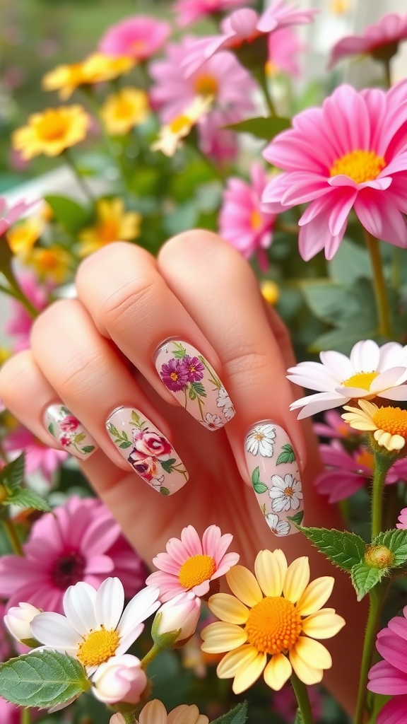 A close-up of beautifully manicured nails adorned with floral designs, surrounded by colorful flowers.