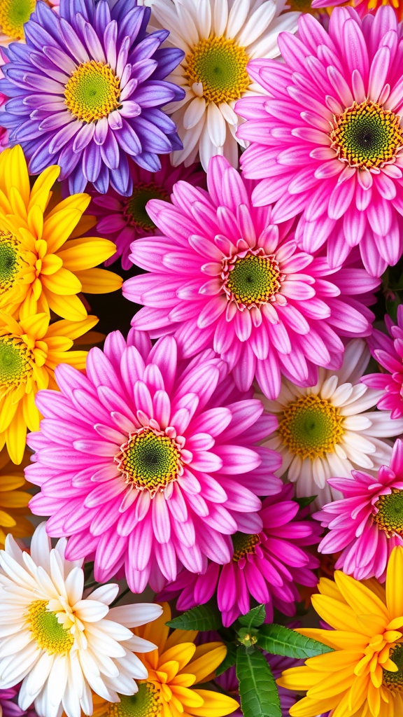 A vibrant arrangement of pink, white, yellow, and purple daisies.