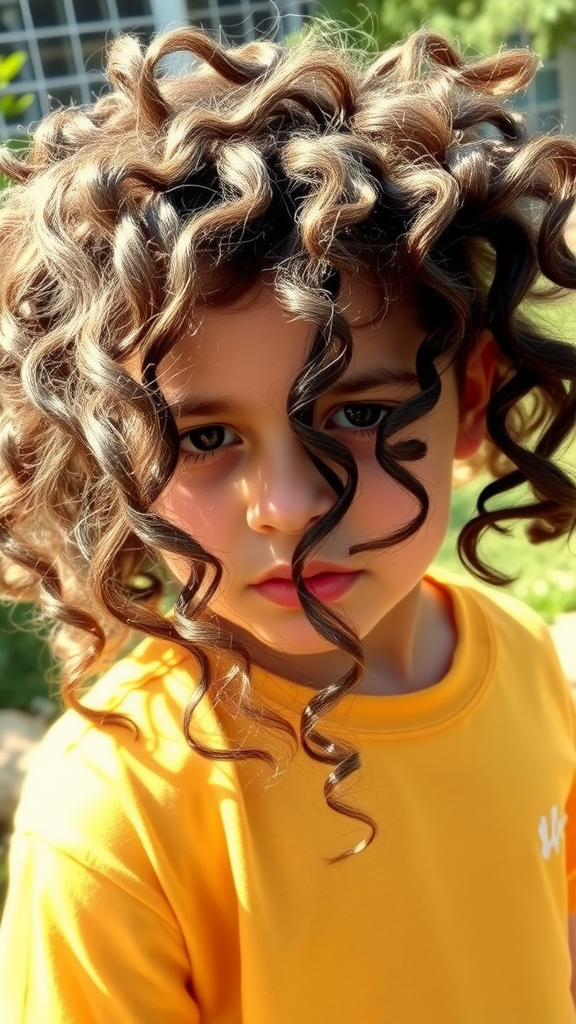 A child with curly hair wearing a yellow shirt, looking directly at the camera.