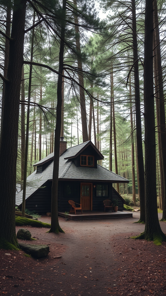 Cozy cabin nestled among tall trees in a forest setting.