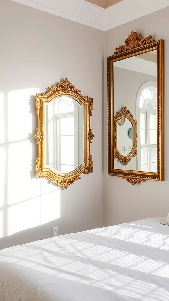 Two elegantly framed mirrors on a light wall next to a bed.