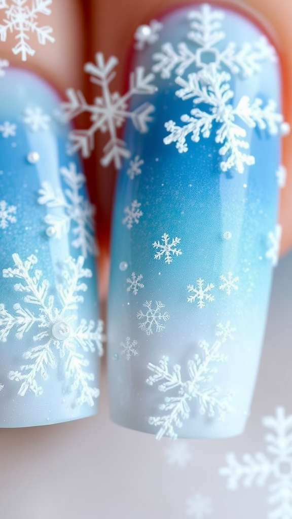 Nails with frosted ombre design and snowflake decorations