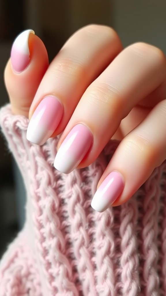 A close-up of a hand with frosted pink sugar nails, featuring a soft pink gradient and white tips, against a cozy pink knitted sweater.