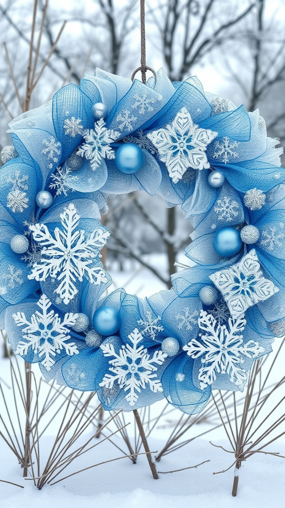 A blue and silver winter wreath with snowflakes and ornaments, hanging in a snowy landscape.