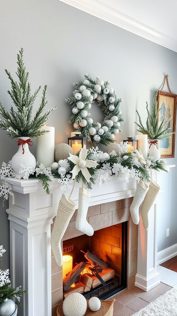 A cozy fireplace decorated for winter with stockings, a wreath, and festive plants.