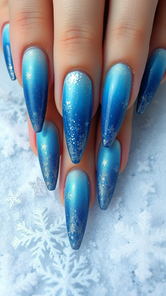 Nail design featuring frosty blue and silver ombre with snowflake patterns.