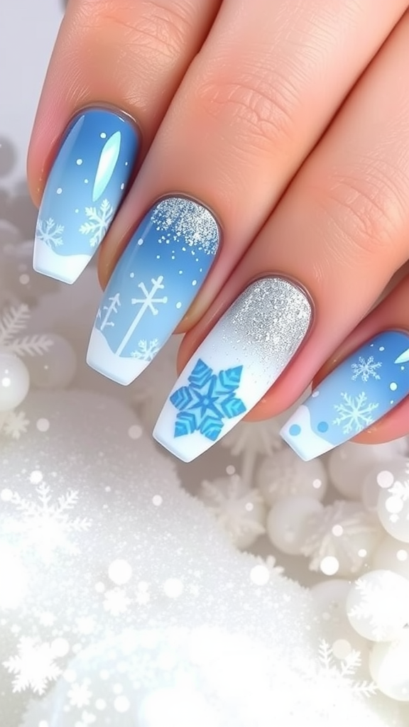 Nail art featuring blue and white designs with snowflakes and glitter