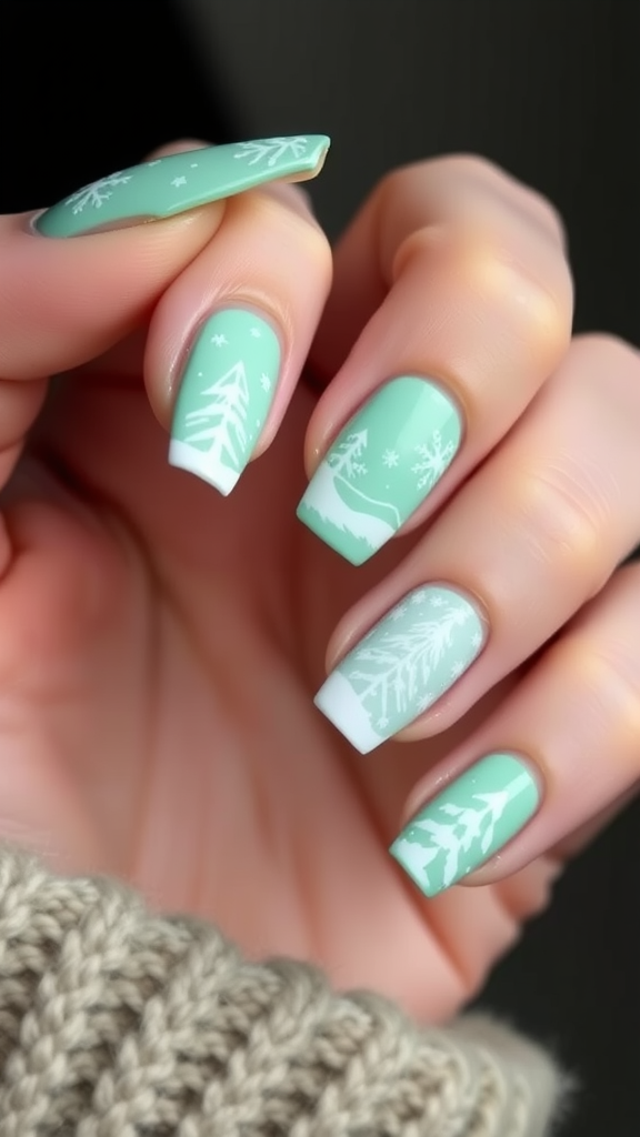 Close-up of mint green and white nail art with snowflake and tree designs.