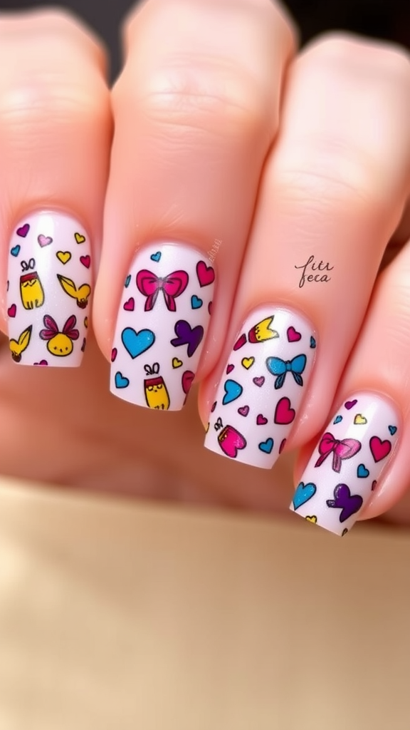 Colorful nail decals featuring hearts and bows