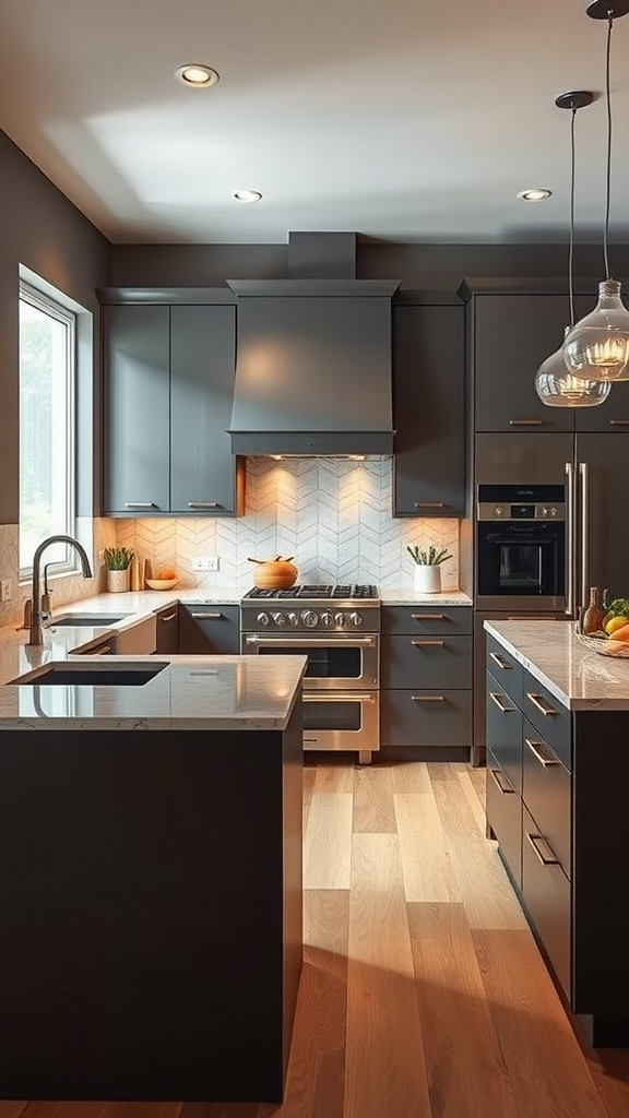 A modern kitchen featuring dark cabinets, a sleek countertop, and stainless steel appliances, highlighted by natural light and stylish lighting fixtures.