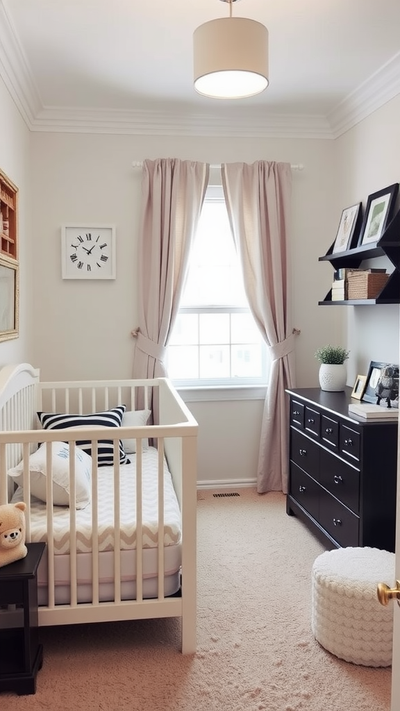 A cozy nursery featuring a crib, dresser, wall shelves, and soft decor.