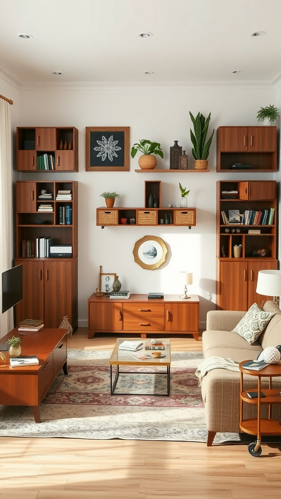A cozy 12x14 living room featuring functional furniture, wall-mounted shelves, and decorative plants.