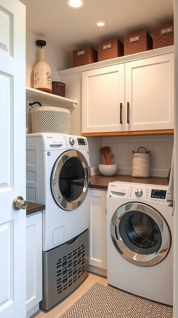 A well-organized laundry room featuring a washer and dryer, storage shelves, and decorative baskets.