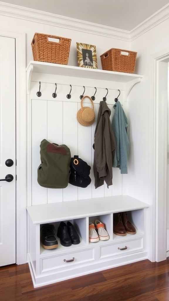 A functional mudroom featuring hooks for coats, baskets on a shelf, and a bench for shoes.