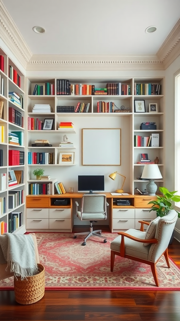 A cozy home library with built-in bookshelves, a desk, a comfortable chair, and decorative elements.