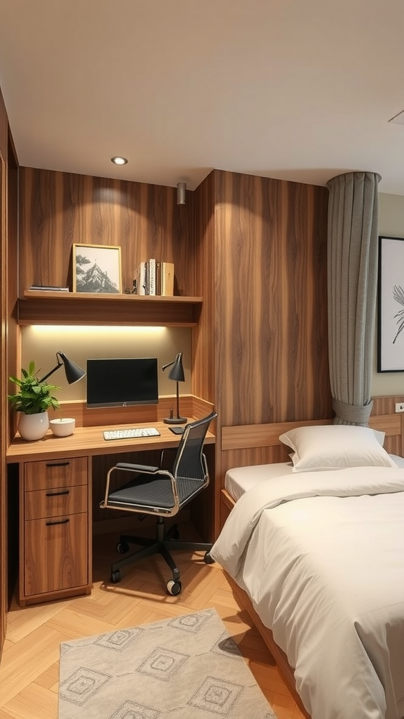 A cozy room with a desk and a bed, showcasing a functional multi-use space.