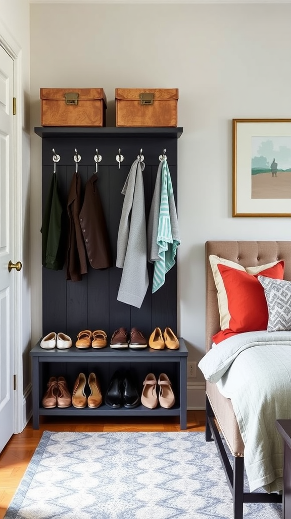 A stylish shoe storage solution featuring wall-mounted shelves, a bench with shoe storage underneath, and hooks for bags and coats.