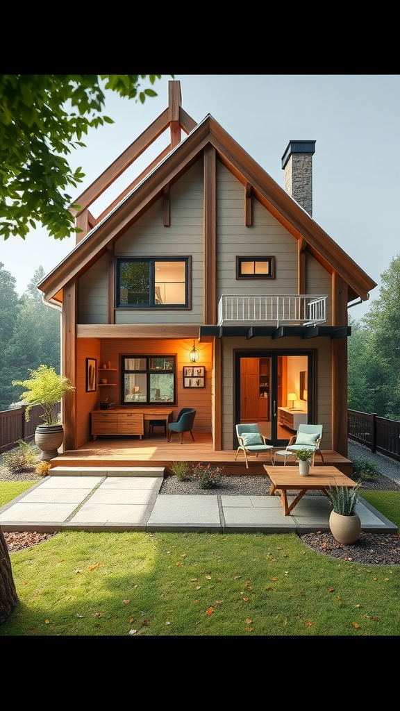 A small functional house with wooden accents and a welcoming porch surrounded by greenery.