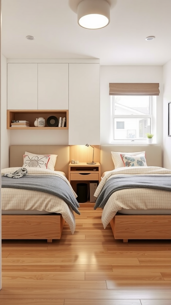 A well-organized room featuring two twin beds with wooden frames, a wall-mounted cabinet, and a bedside table.