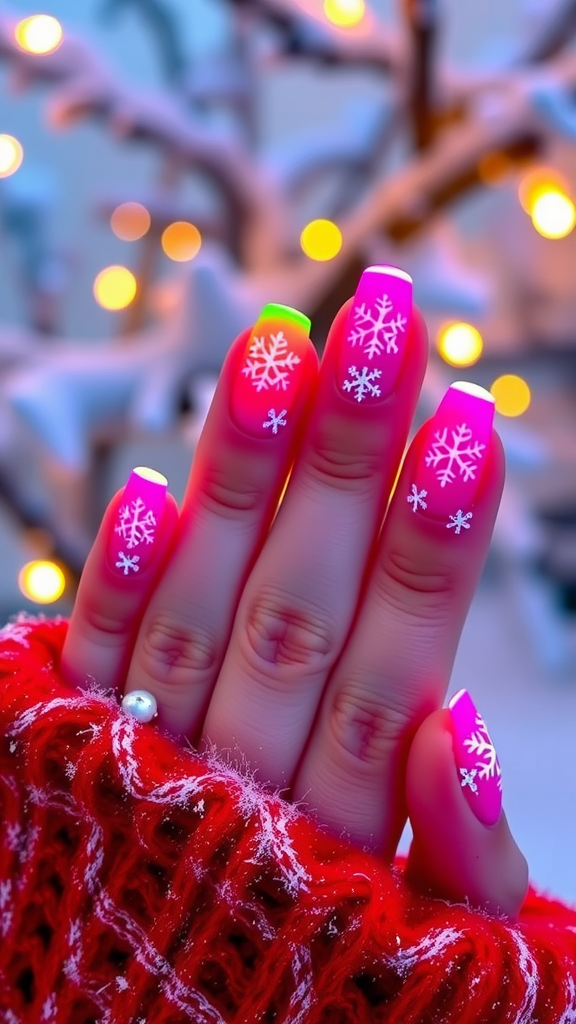 Funky neon nails with white snowflakes against a snowy background.