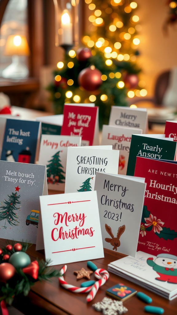 A colorful display of holiday cards on a wooden table, with a Christmas tree in the background.