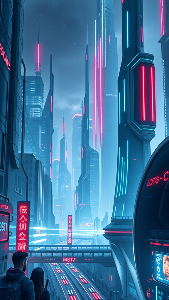 Futuristic cityscape with tall skyscrapers, neon lights, and a busy atmosphere