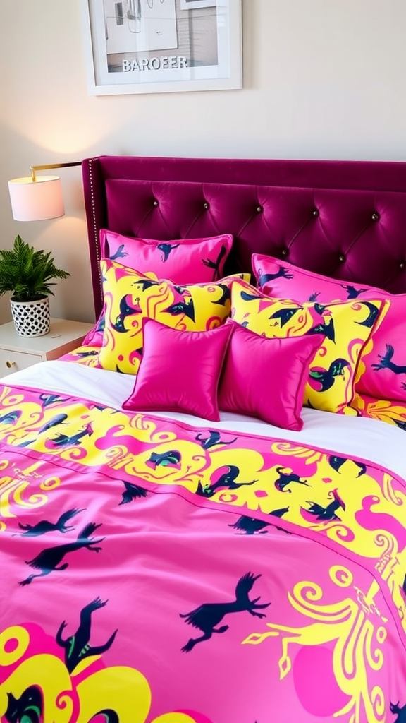Futuristic neon bedding featuring pink and yellow patterns with bird silhouettes on a stylish bed.