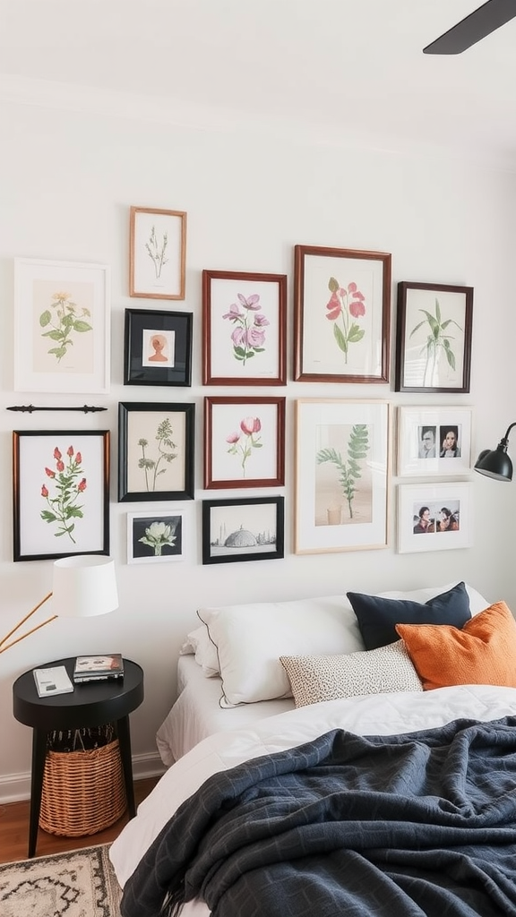 A cozy bedroom with a gallery wall featuring floral artwork and photographs, creating a warm and inviting atmosphere.