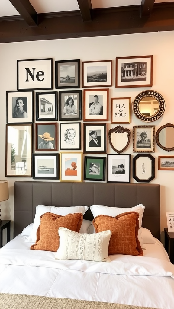 A cozy bedroom with a gallery wall featuring an eclectic mix of framed photos, art pieces, and mirrors.