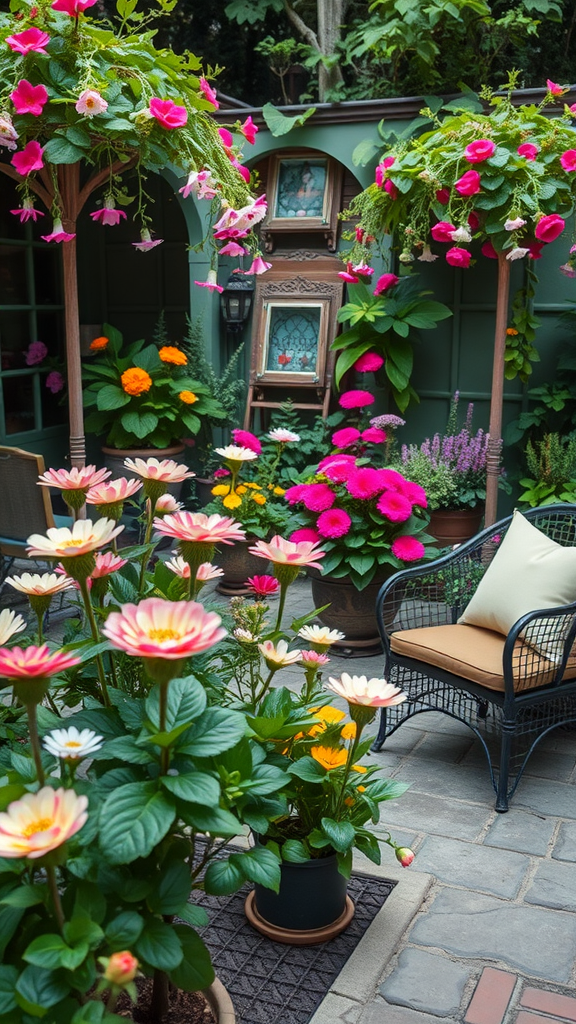 A beautiful garden with colorful flowers and a cozy seating area.