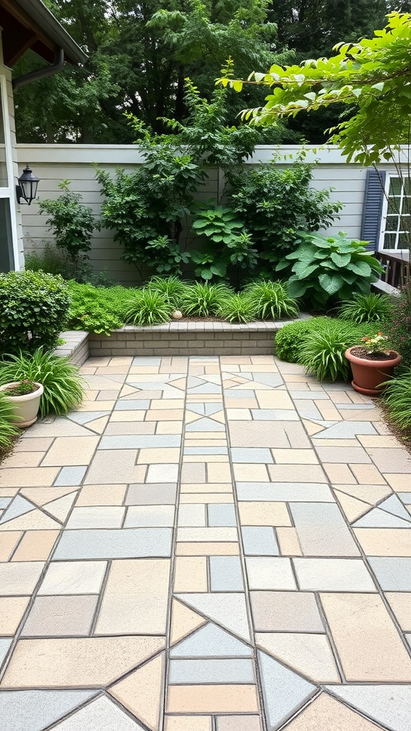 A beautifully paved outdoor area using breeze blocks to create geometric patterns, surrounded by greenery.