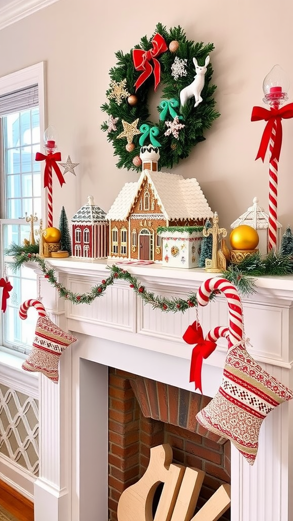 A beautifully decorated gingerbread house display with festive ornaments and candy canes on a mantel.