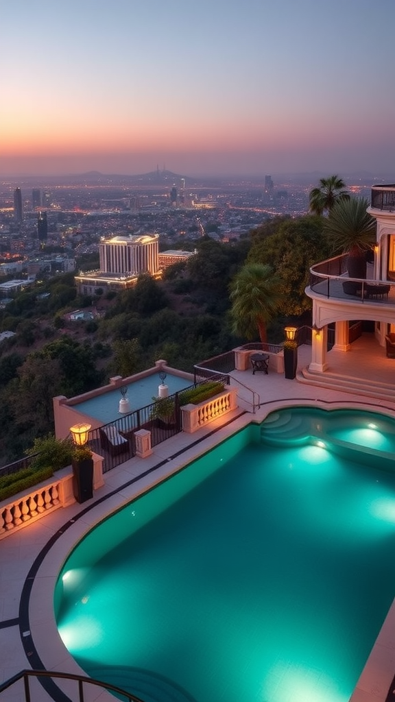 A luxurious mansion in the Hollywood Hills with a pool, overlooking the city at sunset.