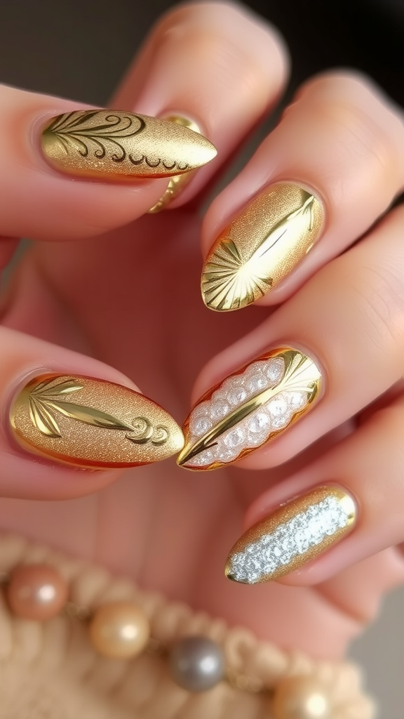 Close-up of glamorous metallic nail art with gold and decorative designs.