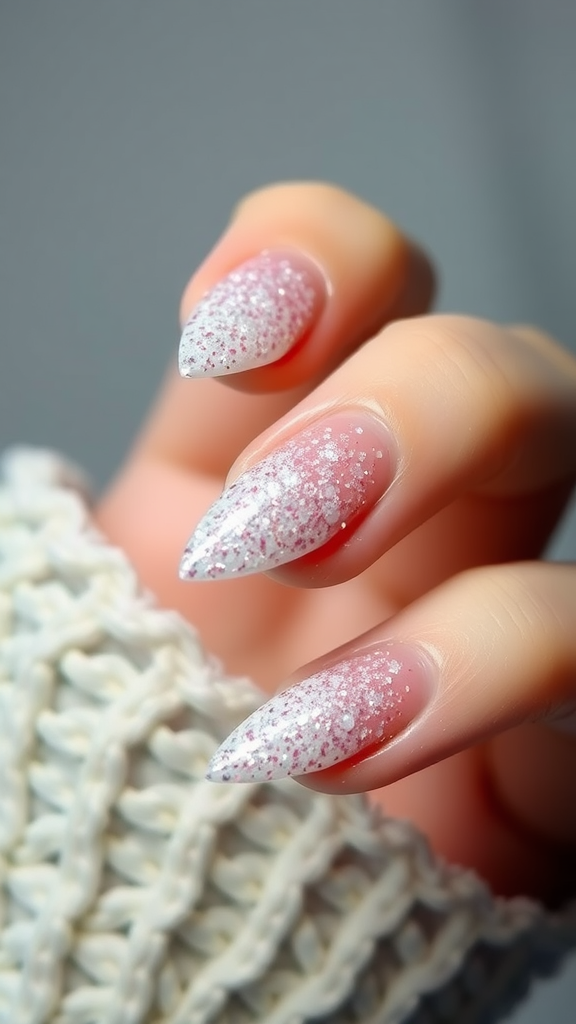 Close-up of nails with frosted tips and glitter.