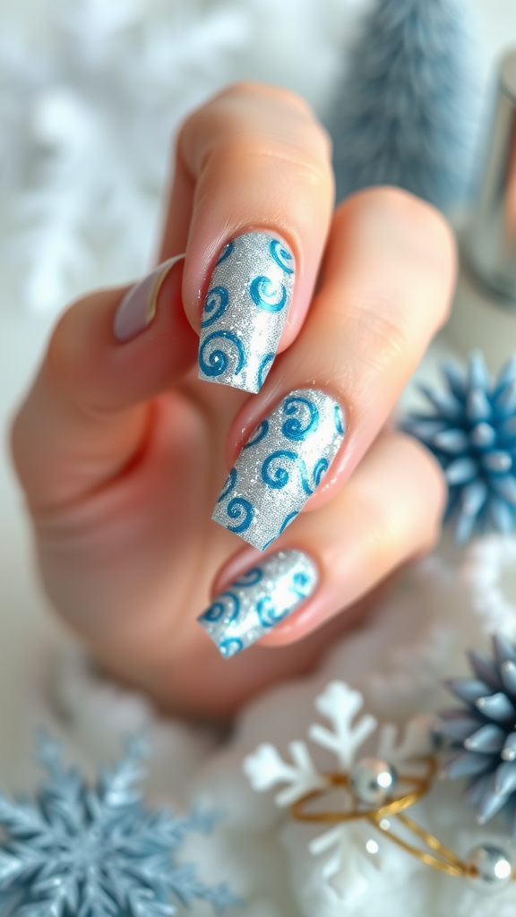 Close-up of a hand with silver and blue swirl nail art, surrounded by festive decorations.