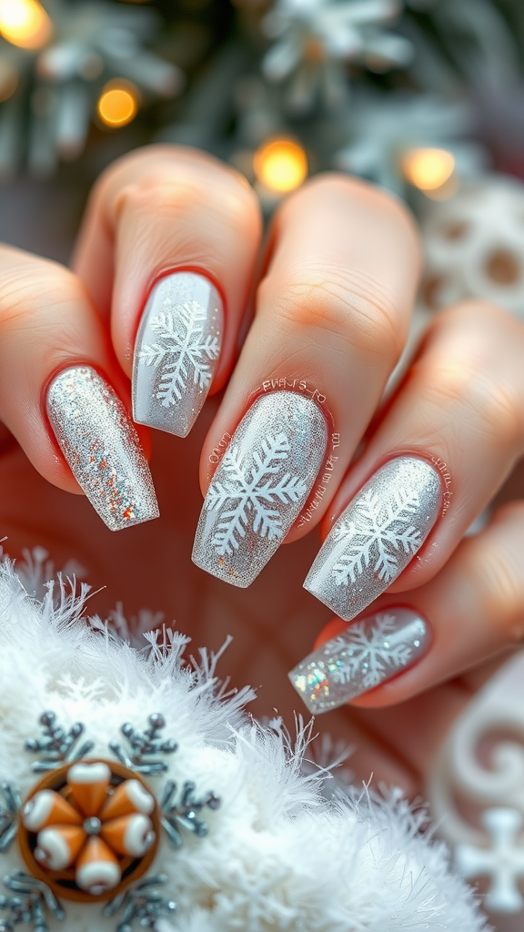 Nails with silver glitter and white snowflake designs