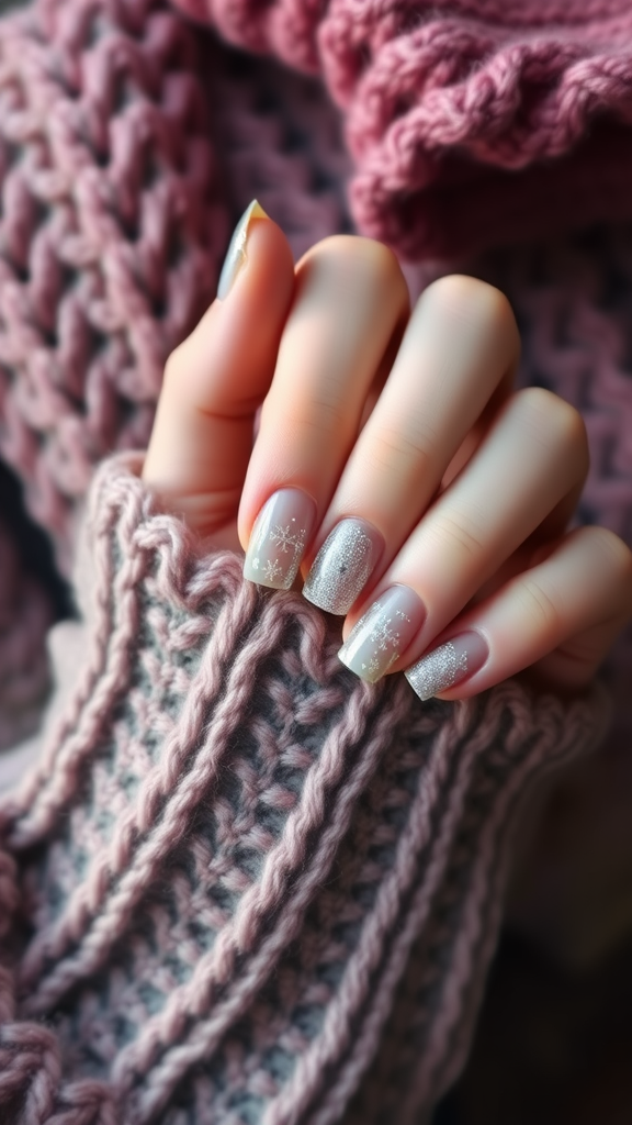 Close-up of hands with glittering snowflake nail art, holding a knitted pink scarf.