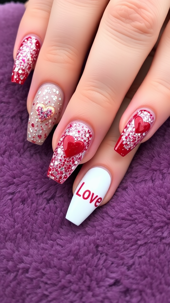 Glittery nails with hearts and the word Love