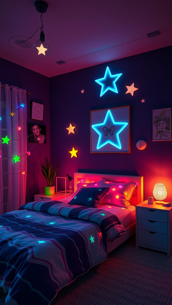 A cozy bedroom with glow-in-the-dark star decorations on the walls and bedding.
