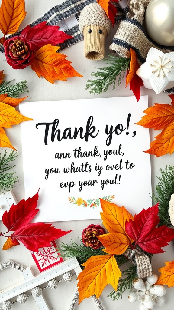 A festive card surrounded by autumn leaves and holiday decorations, expressing gratitude.