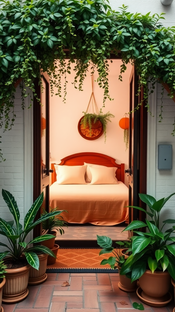 A cozy room with a bed, framed by lush greenery and potted plants at the entrance.