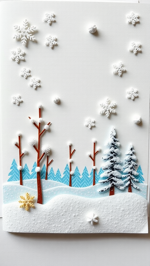 A winter wonderland scene with snowflakes, trees, and a snowy landscape.