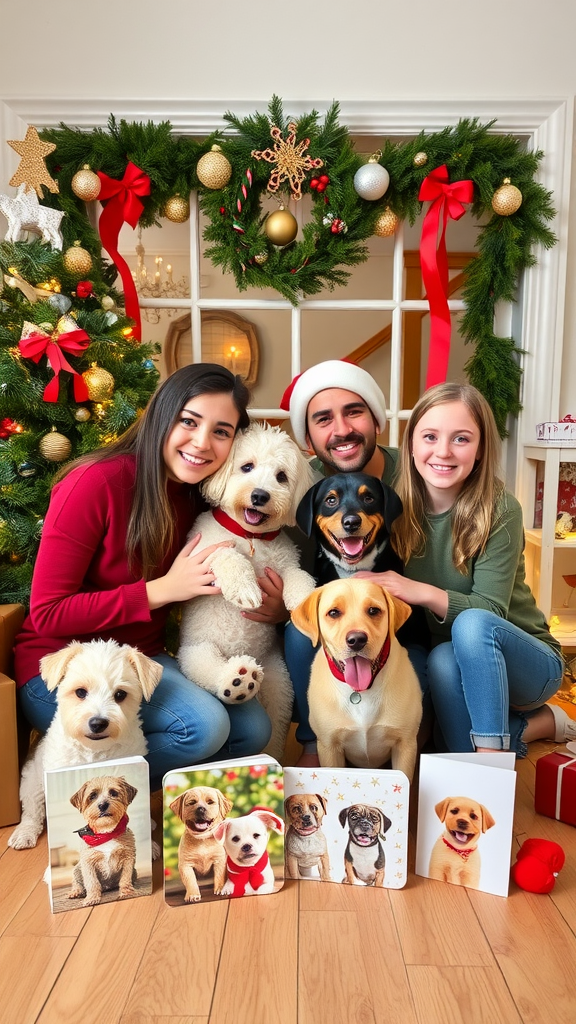 A festive family portrait with dogs during Christmas, surrounded by holiday decorations and greeting cards