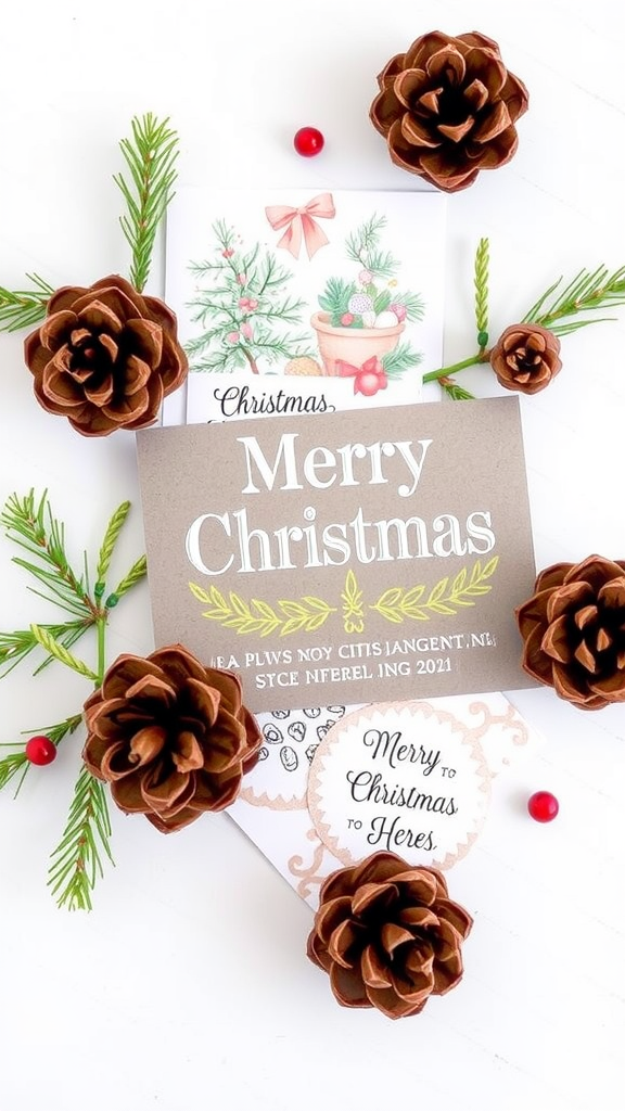 A flat lay of pine cones, greenery, and Christmas greeting cards with messages.