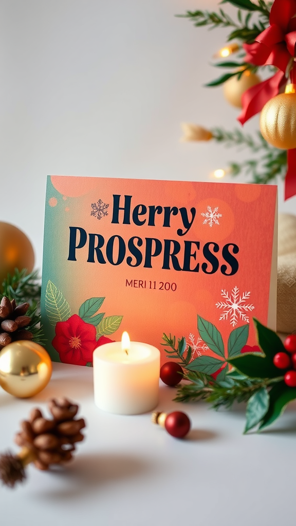 A festive card with the words 'Herry PROSPRESS' surrounded by decorations like candles, pinecones, and ornaments.