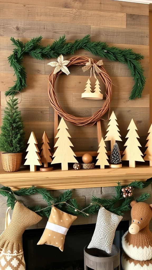 A cozy display of handcrafted wooden decor on a mantel with pine garland and festive pillows.