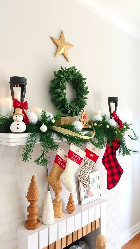 A decorated mantelpiece featuring a green wreath, stockings, wooden trees, and festive decor.