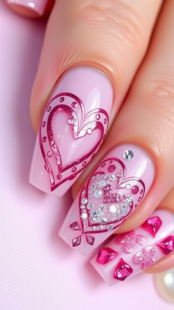 Nail art featuring heart shapes and sparkly accents on pink nails.