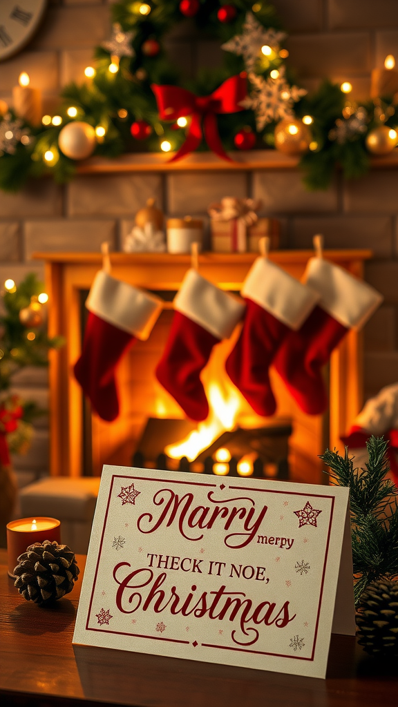 A cozy holiday scene featuring a decorated fireplace with stockings, a pine cone, and a whimsical Christmas card.